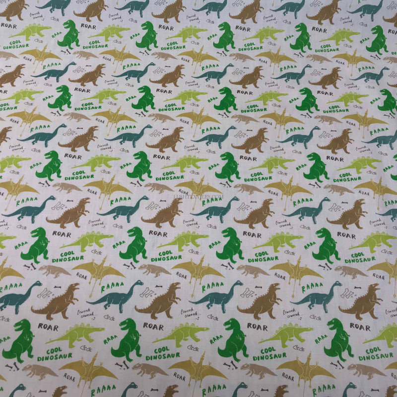 Dinosaurs Kids Fun Polycotton Fabric, White