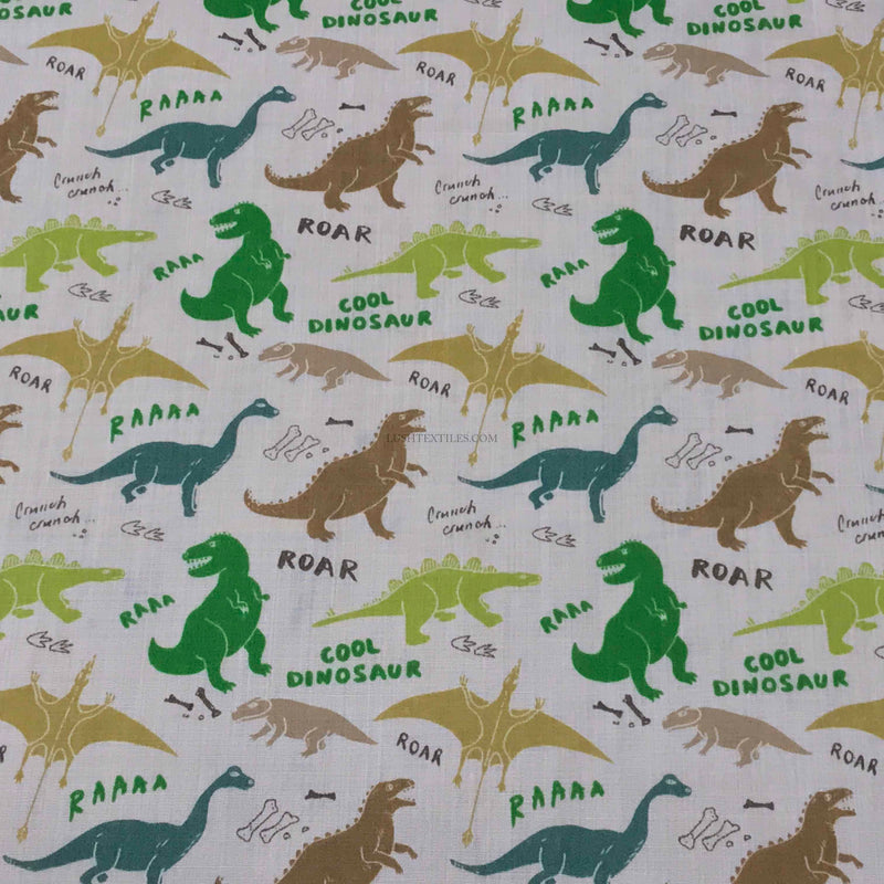 Dinosaurs Kids Fun Polycotton Fabric, White