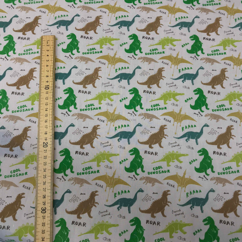 Dinosaurs Kids Fun Polycotton Fabric, White