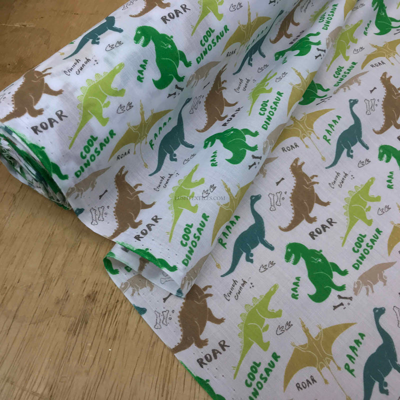 Dinosaurs Kids Fun Polycotton Fabric, White