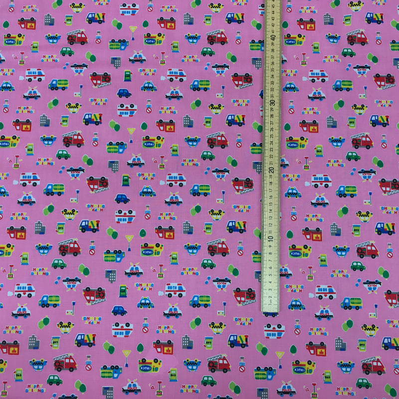 Happy Driving Kids Polycotton Fabric, Pink