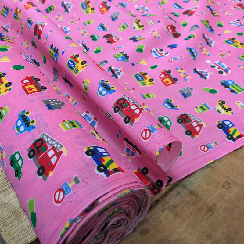 Happy Driving Kids Polycotton Fabric, Pink