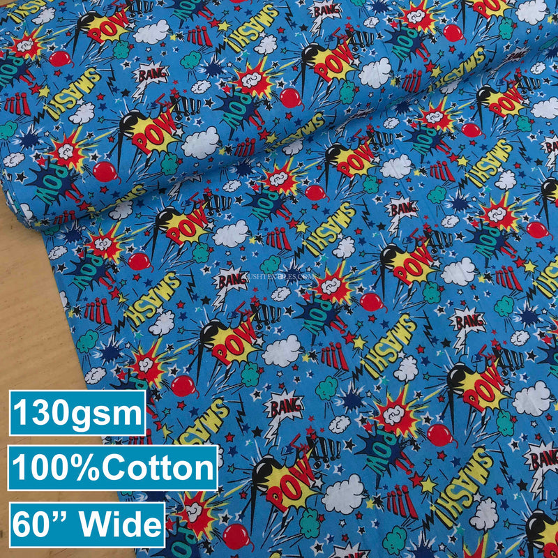 Comic Book Kids Pow Smash Cotton Fabric, Turquoise