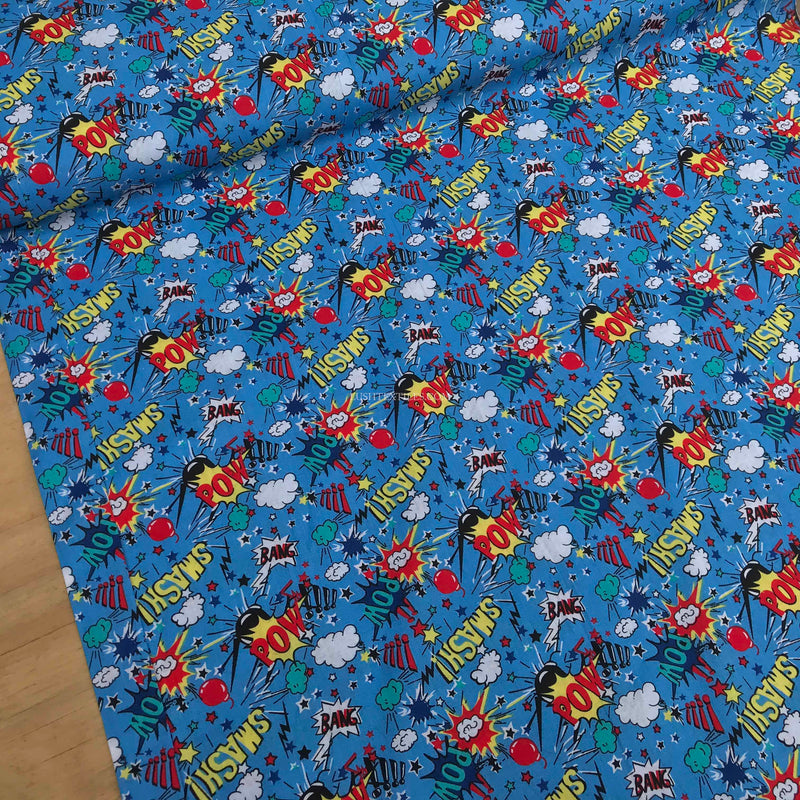 Comic Book Kids Pow Smash Cotton Fabric, Turquoise