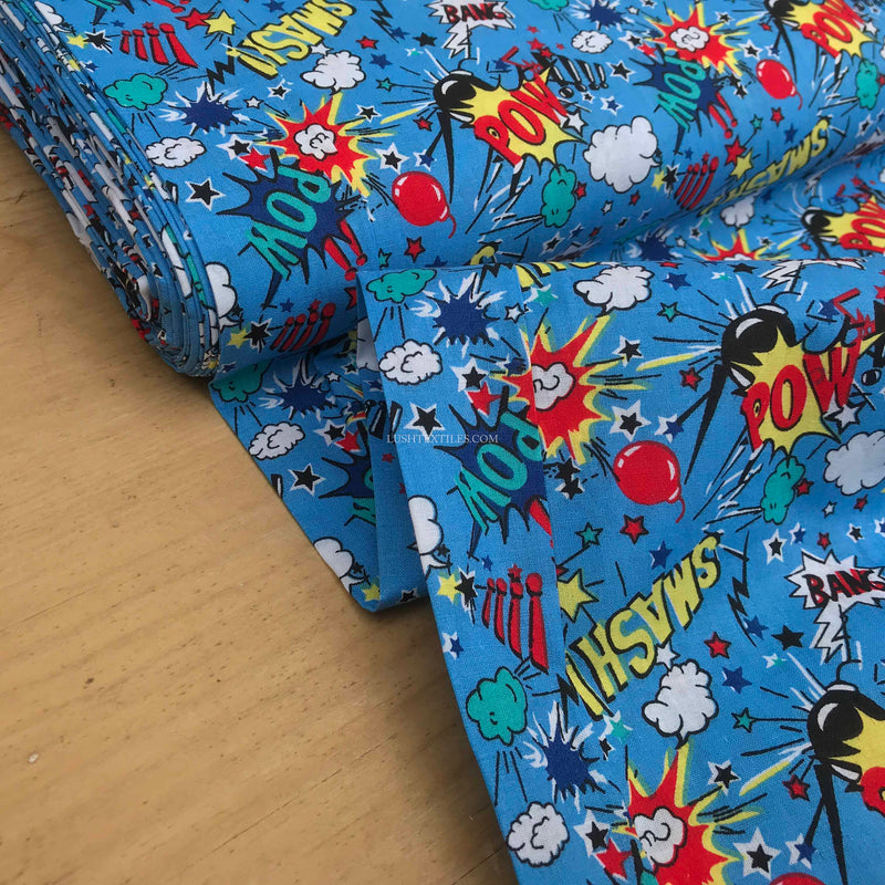 Comic Book Kids Pow Smash Cotton Fabric, Turquoise