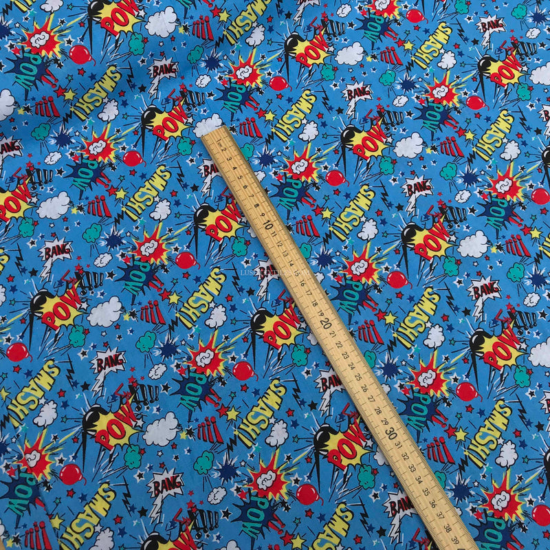 Comic Book Kids Pow Smash Cotton Fabric, Turquoise