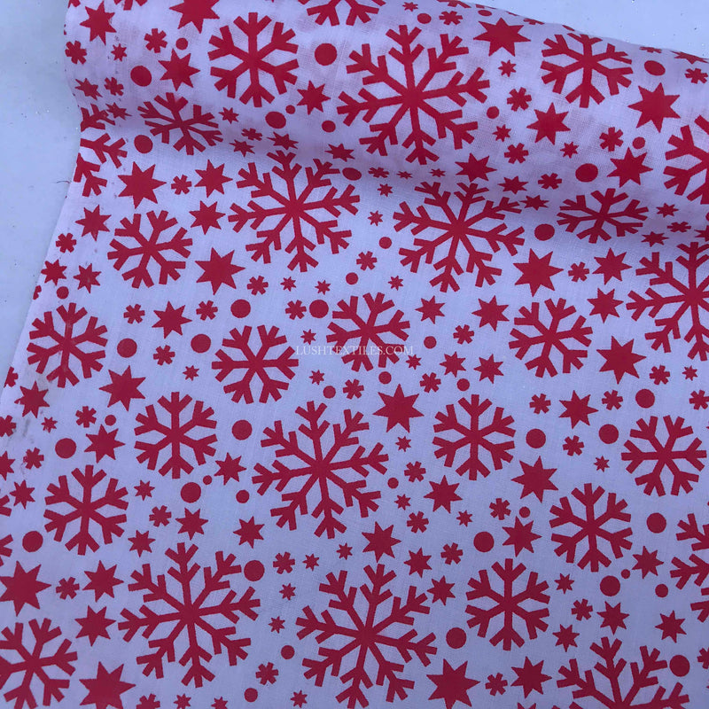 Red Snowflake Print Xmas Polycotton Fabric, White