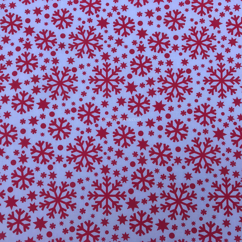 Red Snowflake Print Xmas Polycotton Fabric, White