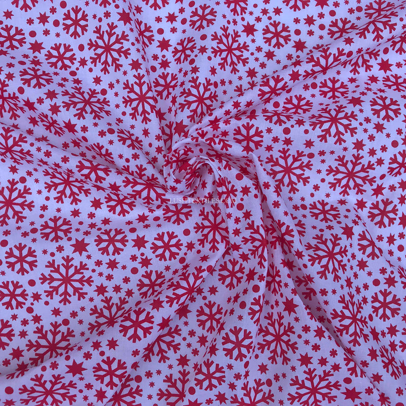 Red Snowflake Print Xmas Polycotton Fabric, White