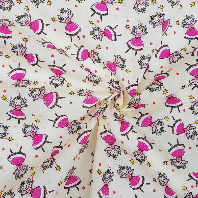 Cute Princess Girls In Frock Print Polycotton Fabric