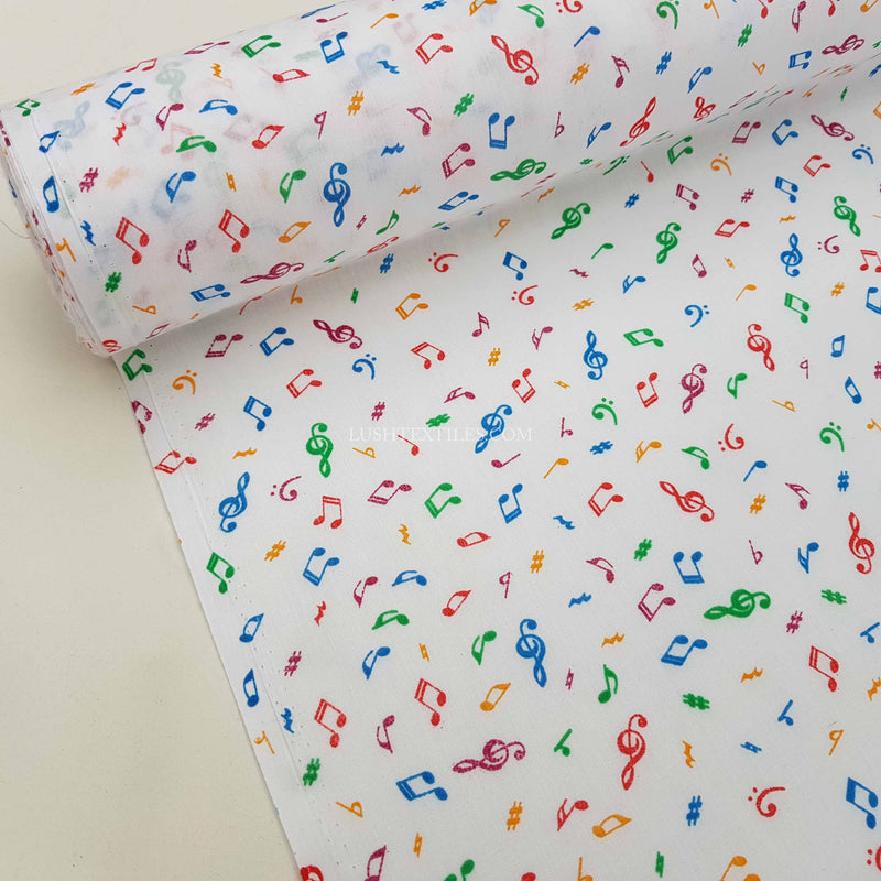 Music Notes Polycotton Fabric, White