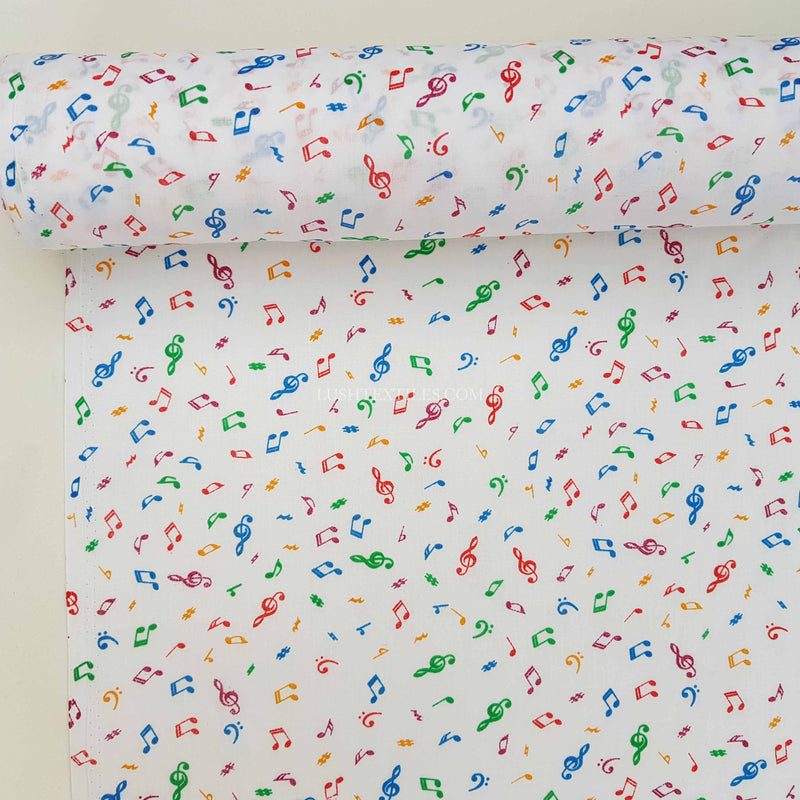 Music Notes Polycotton Fabric, White