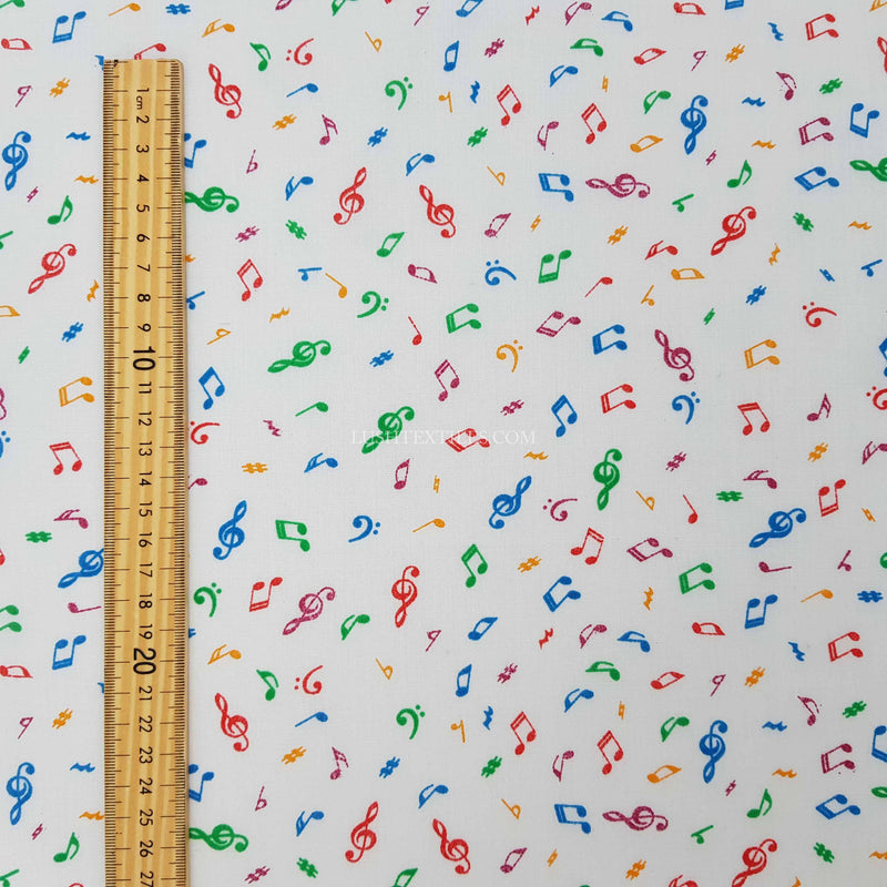 Music Notes Polycotton Fabric, White