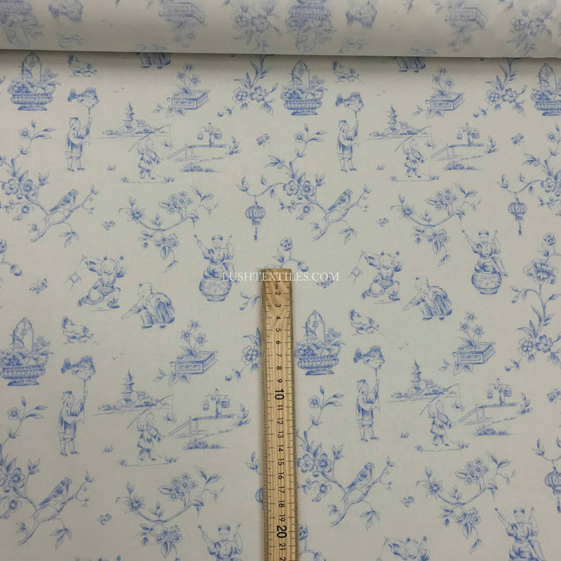 Toile De Jouy Vintage Cotton  Fabric, Duck Egg