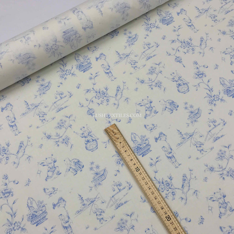 Toile De Jouy Vintage Cotton  Fabric, Duck Egg