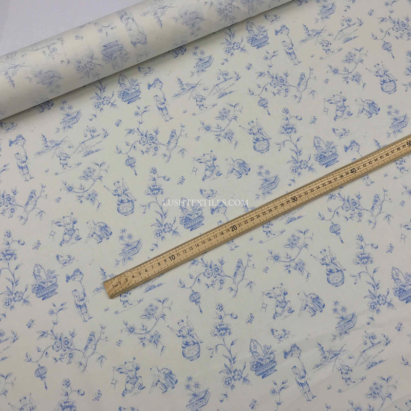 Toile De Jouy Vintage Cotton  Fabric, Duck Egg