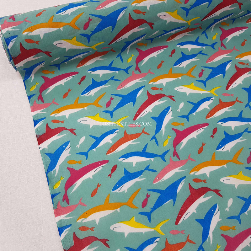 Sharks And Fish Polycotton Fabric, Ocean Green