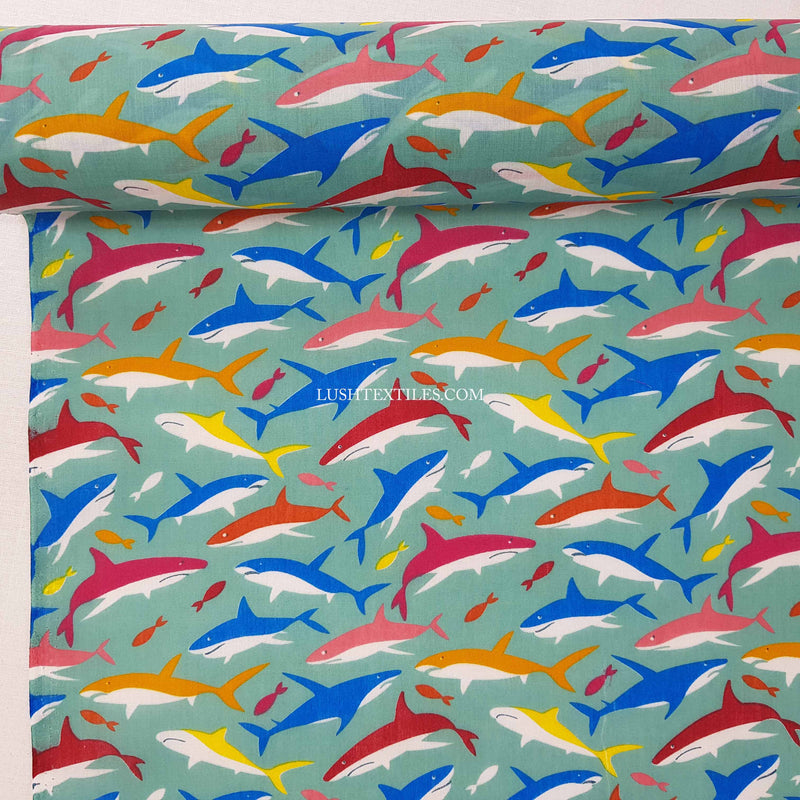 Sharks And Fish Polycotton Fabric, Ocean Green