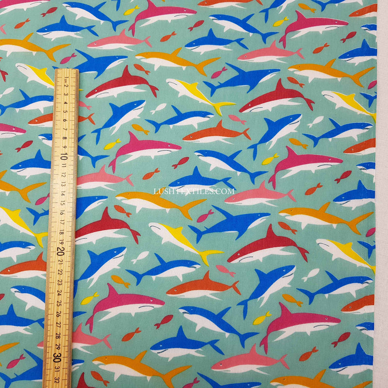 Sharks And Fish Polycotton Fabric, Ocean Green