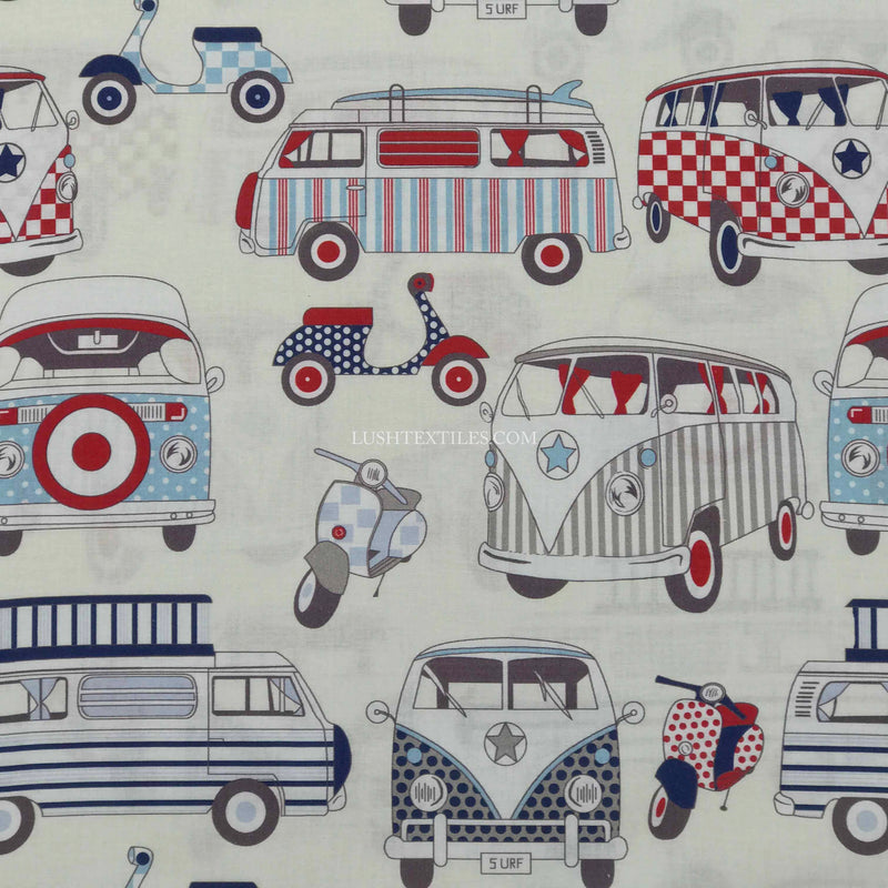 Camper Vans And Scooters Print Cotton Fabric, Nautical