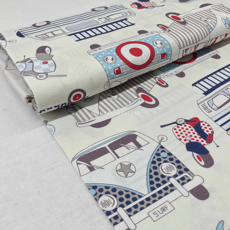 Camper Vans And Scooters Print Cotton Fabric, Nautical