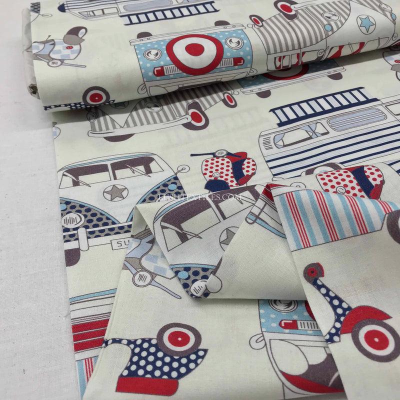 Camper Vans And Scooters Print Cotton Fabric, Nautical