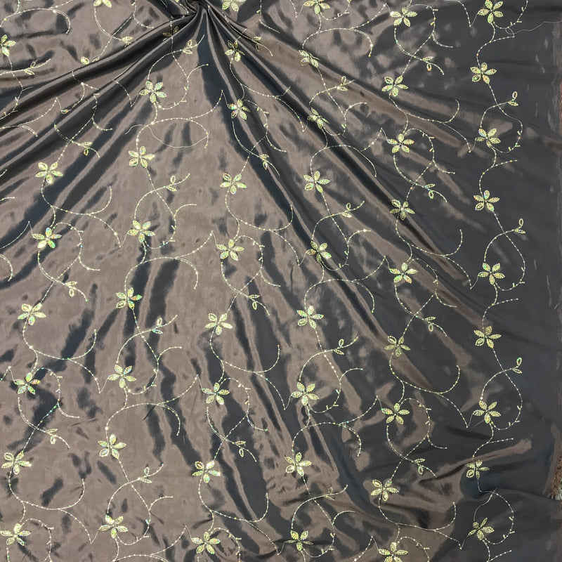 Gold Floral Sequin Taffeta Fabric, Brown