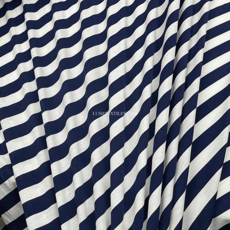 1" Navy & White Sailors Stripe Cotton Jersey Stretch Dress Fabric French Navy