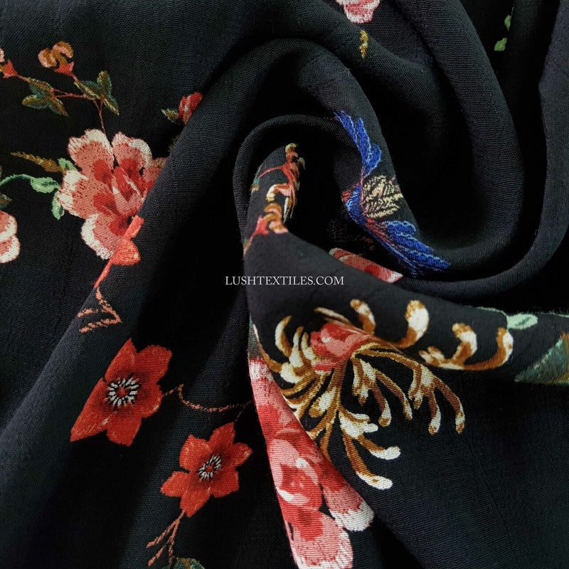 Tissu pour robe marocaine en viscose florale Bird Blossom, noir