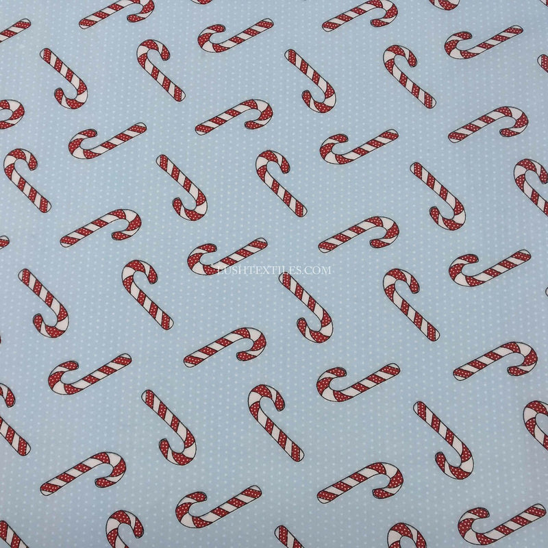 Candy Cane Christmas Polycotton Fabric, Sky