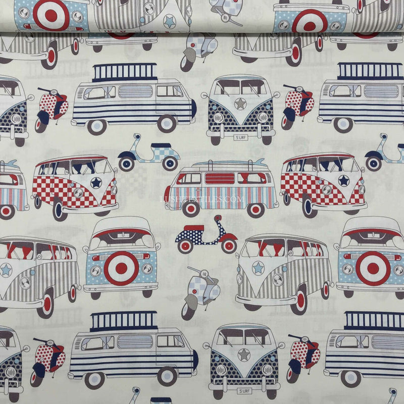 Camper Vans And Scooters Print Cotton Fabric, Nautical