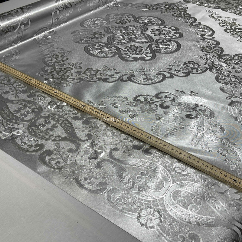 Damask PVC Oilcloth Fabric Embossed Metallic, Silver