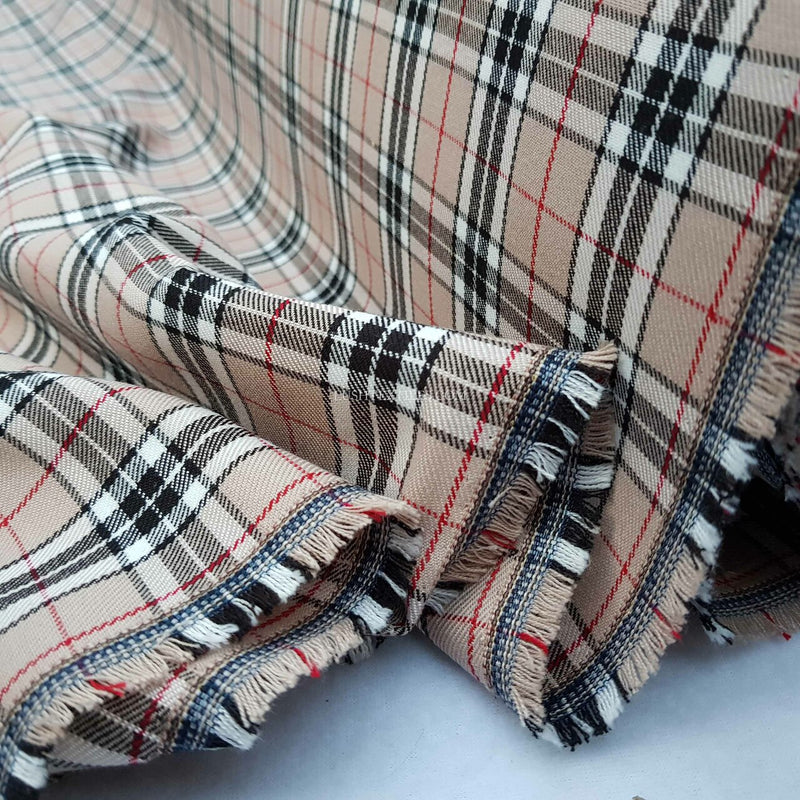 Tissu Robe Poly Viscose Tartan à Carreaux Style Burberry Beige