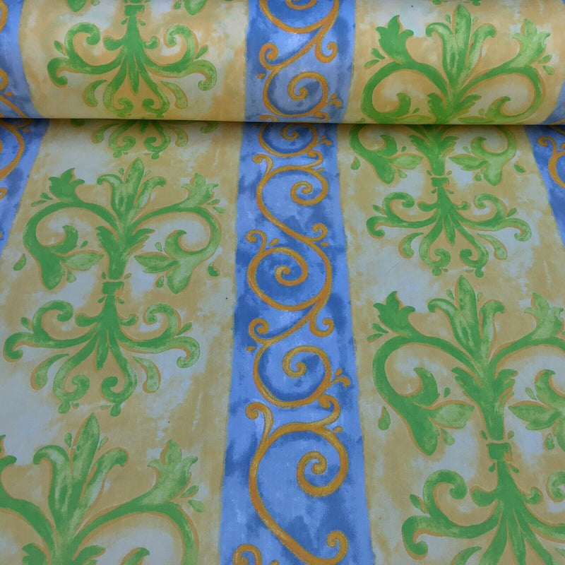 Tissu imprimé vintage en coton damassé, jaune/vert