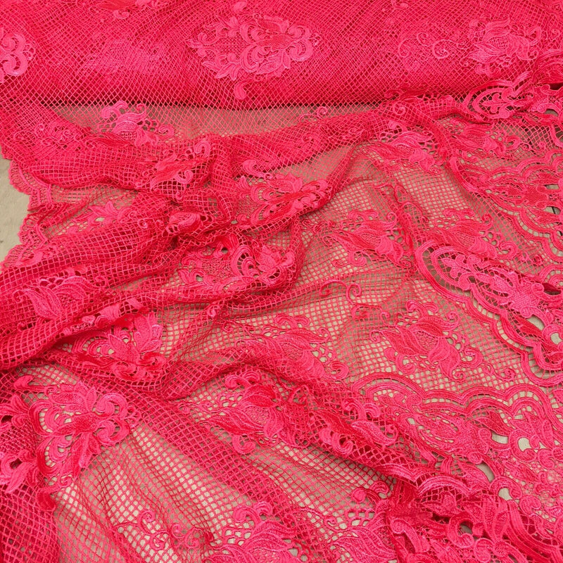 Cerise Red African Embroidery Lace Scalloped Mesh Net Dress Trim Wedding Fabric