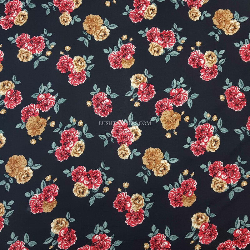 100% Viscose Floral Roses Dress Fabric, Black