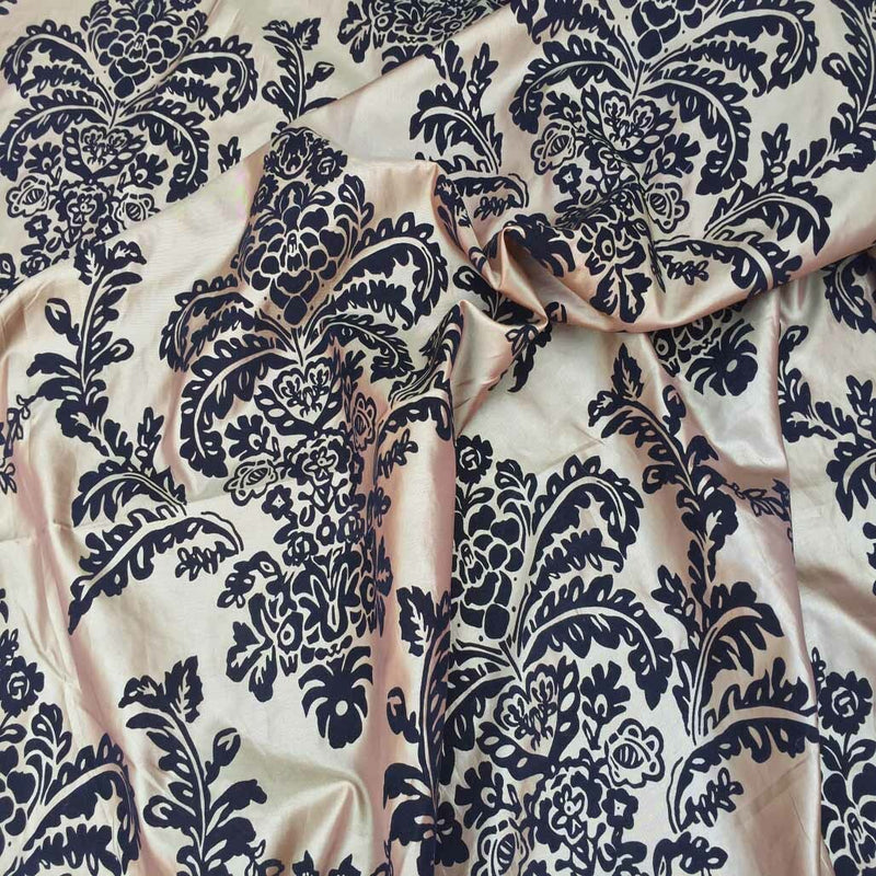 Black Velvet Flock Damask Taffeta Fabric, Gold