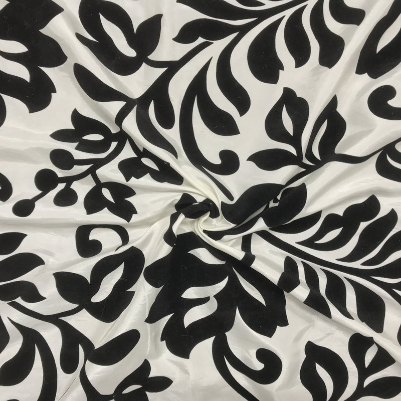 Black Symphony Floral Velvet Flock Taffeta Fabric, Ivory