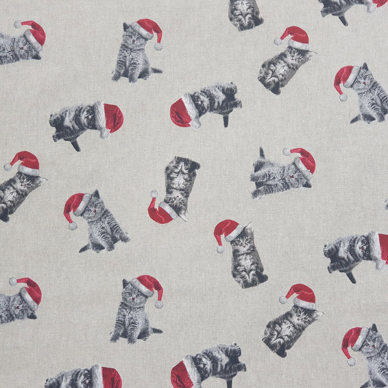 Christmas Kittens Linen Canvas Fabric