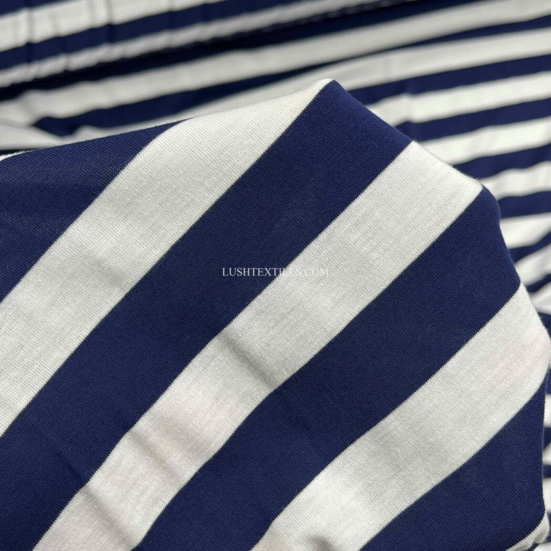 1" Navy & White Sailors Stripe Cotton Jersey Stretch Dress Fabric French Navy