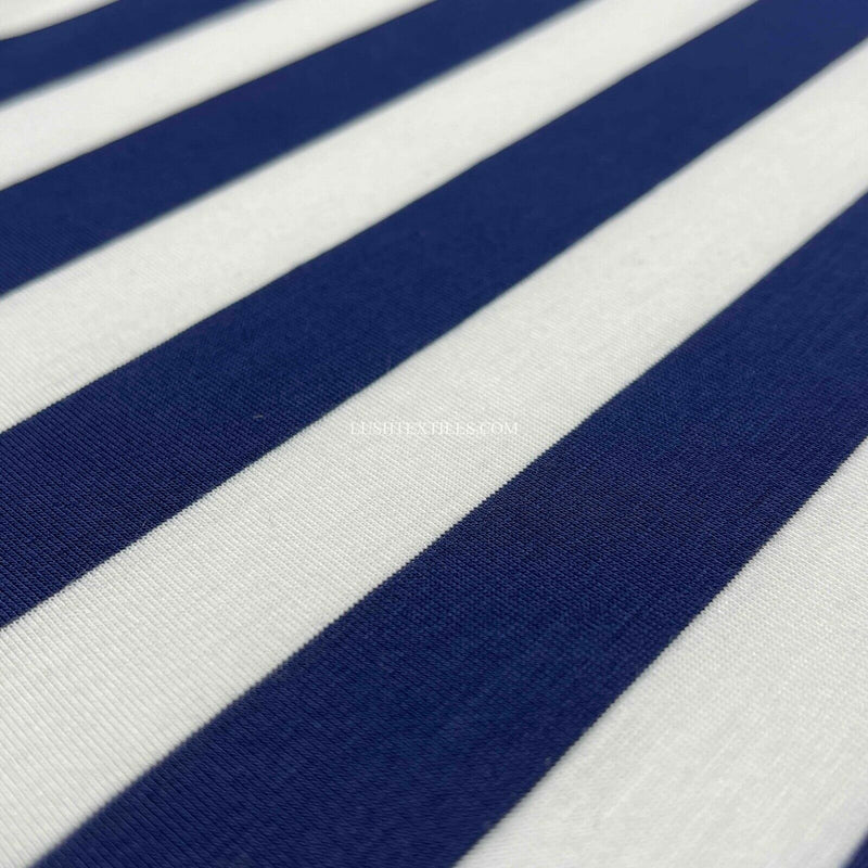 1" Navy &amp; White Sailors Stripe Cotton Jersey Stretch Dress Fabric French Navy