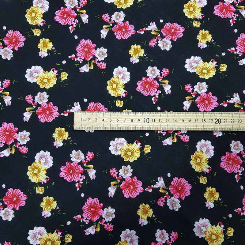 100% Viscose Jasmine Floral Flowers Dress Fabric, Black