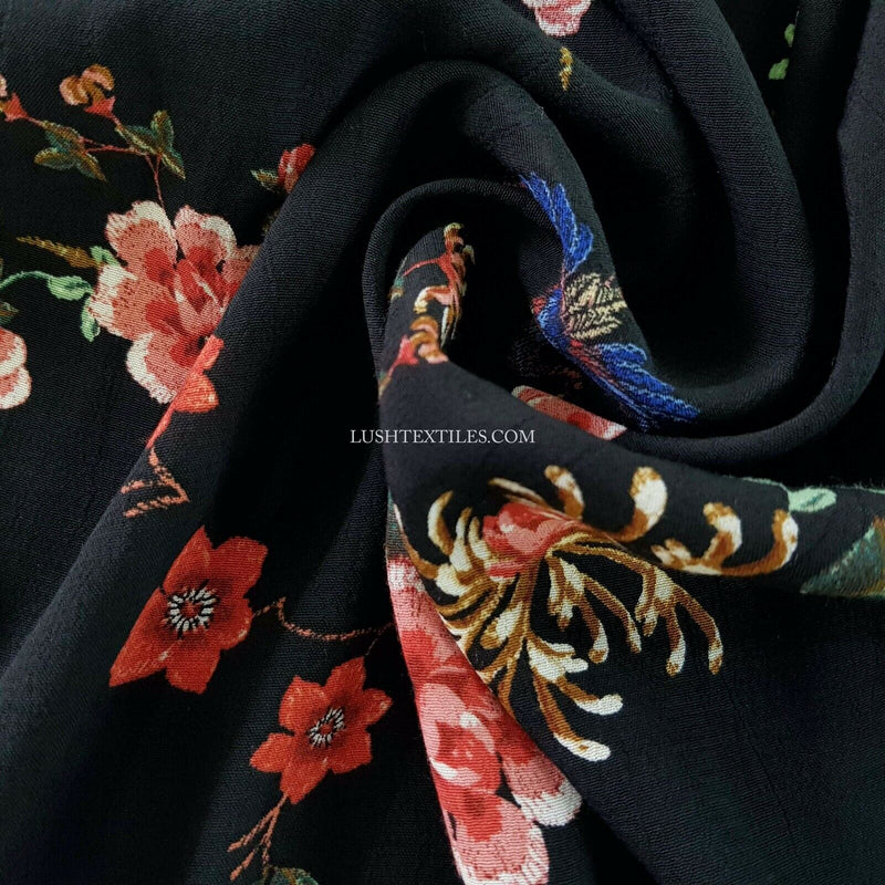 Birds MAROCAINE VISCOSE Summer Ballgown Dress Cape Fabric Crepe Floral, Black