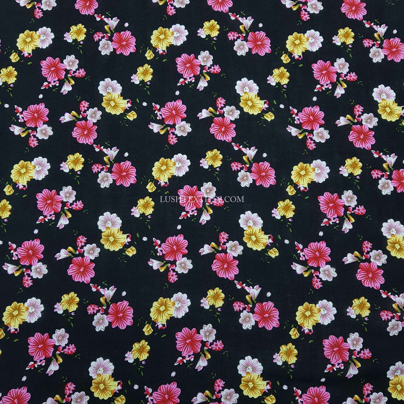 100% Viscose Jasmine Floral Flowers Dress Fabric, Black