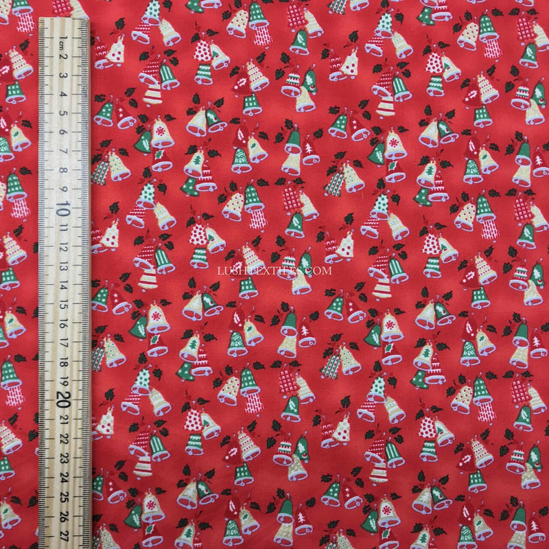 Christmas Bells Xmas Print Cotton Fabric, Red