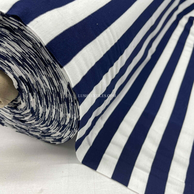 1" Navy & White Sailors Stripe Cotton Jersey Stretch Dress Fabric French Navy