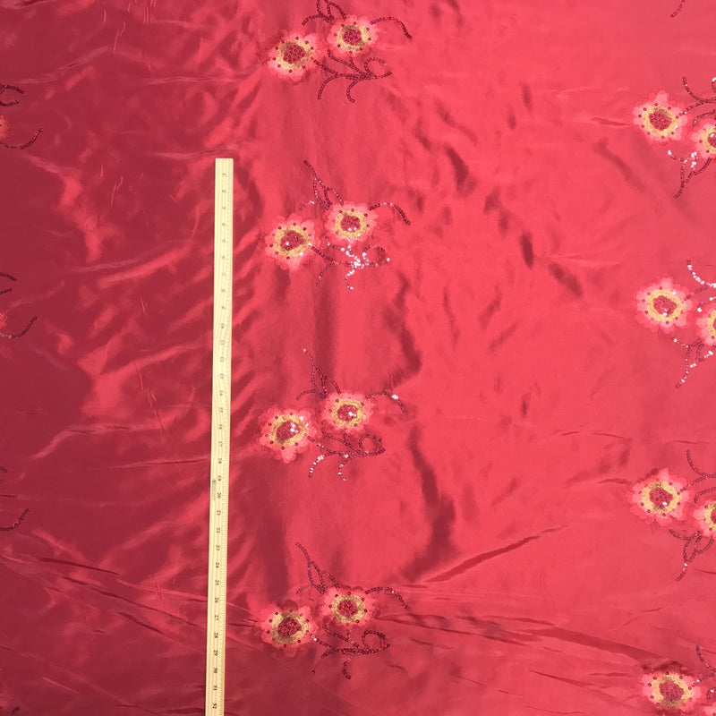 Floral Flower Sequin Taffeta Fabric, Red