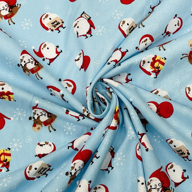 Christmas Santa & Rudolf Xmas Print Cotton Fabric, Blue