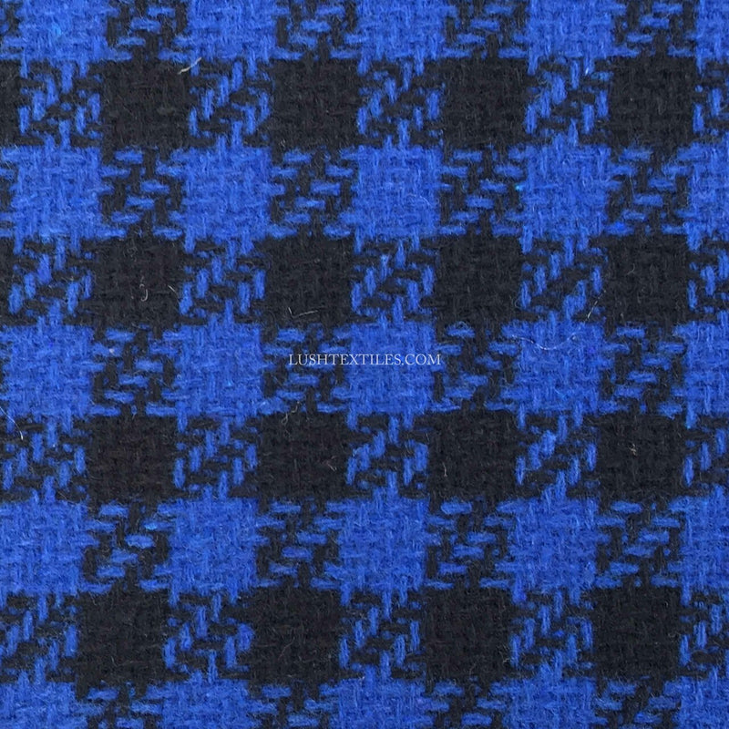 Black Houndstooth Check Tweed Wool Blend Fabric, Blue