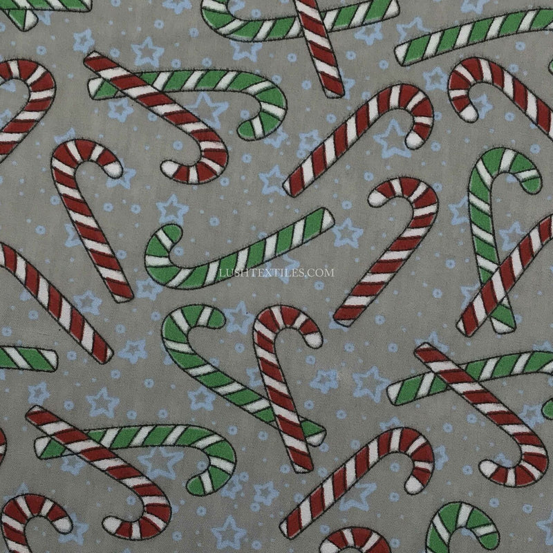 Candy Cane Christmas Polycotton Fabric, Grey